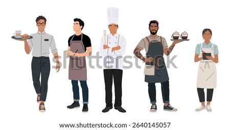 Set of cafe and restaurant workers in uniform, including chef, waiter, waitress, and barista. Full-length characters isolated on white, perfect for food service and hospitality designs.