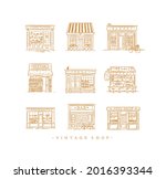 Set of cafe and shops confectionary, coffee, bakery, vegetable, book, Asian food, pharmacy, bar, fish drawing in vintage style