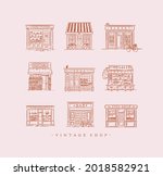 Set of cafe and shops confectionary, coffee, bakery, vegetable, book, Asian food, pharmacy, bar, fish drawing in vintage style on peach background