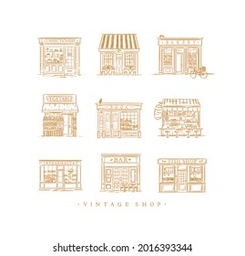 Set of cafe and shops confectionary, coffee, bakery, vegetable, book, Asian food, pharmacy, bar, fish drawing in vintage style