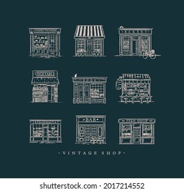 Set of cafe and shops confectionary, coffee, bakery, vegetable, book, Asian food, pharmacy, bar, fish drawing in vintage style on dark blue background