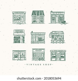 Set of cafe and shops confectionary, coffee, bakery, vegetable, book, Asian food, pharmacy, bar, fish drawing in vintage style with green lines