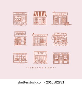 Set of cafe and shops confectionary, coffee, bakery, vegetable, book, Asian food, pharmacy, bar, fish drawing in vintage style on peach background