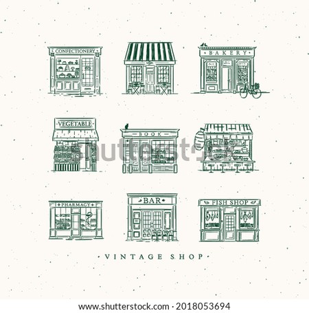 Set of cafe and shops confectionary, coffee, bakery, vegetable, book, Asian food, pharmacy, bar, fish drawing in vintage style with green lines