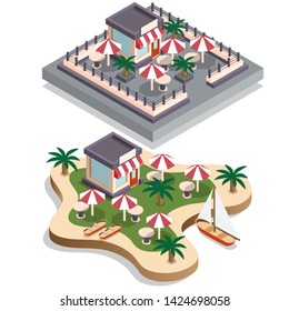 A set of cafes. Isometric. Vector illustration. Isolated on white background.