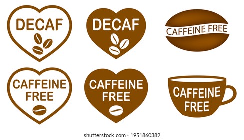 Set koffeinfreier Briefmarken. Koffeinfreies stumpfes Logo. Stempel oder Symbol. Braunes Etikett. Gesunde Getränke. Getränke. Kräutertee. Cup.  Decaf herzförmige Logo.