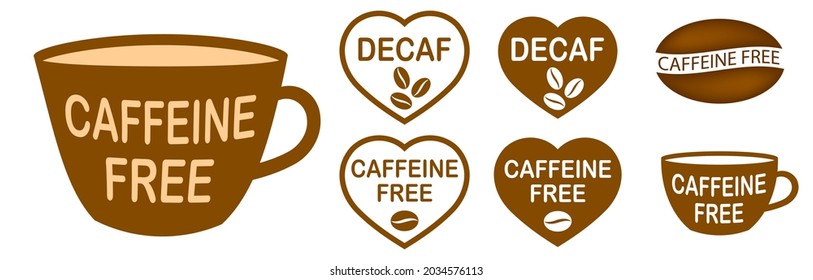 Set of caffeine free stamps. Caffeine free mug-shaped logo. Stamp or icon. Brown label. Healthy drinks. Beverage. Herbal tea. Cup. Decaf heart-shaped logo.