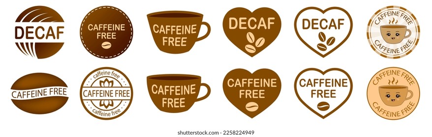 Set of caffeine free stamps. Caffeine free mug-shaped logo. Stamp or icon. Brown label. Healthy drinks. Beverage. Herbal tea. Cup. Decaf heart-shaped logo.