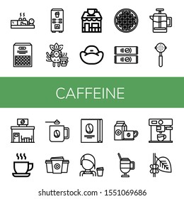 Set of caffeine icons. Such as Cupping, Beans, Coffee machine, Coffee, Coffee shop, Bean bag, beans, Instant French press, Portafilter, Cup, mug , caffeine icons