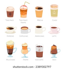 Set of caffeine liquids, beverages for cafe menu. Mocha and glace, espresso and cappuccino, americano and latte, milk shake and frappe, iced coffee and Irish. Hot drink to go. Vector in flat style