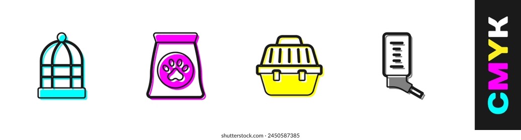 Set Jaula para pájaros, Bolsa de comida para mascotas, Maleta de transporte para mascotas y Bebedor Pequeño icono de mascotas. Vector