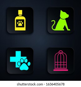 Set Cage for birds, Dog medicine bottle, Veterinary clinic symbol and Cat. Black square button. Vector