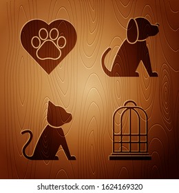 Set Cage for birds, Heart with animals footprint, Cat and Dog on wooden background. Vector