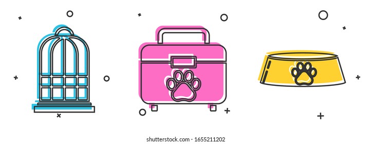 Colocar jaula para pájaros, botiquín de primeros auxilios y tazón de comida para perros o gatos. Vector