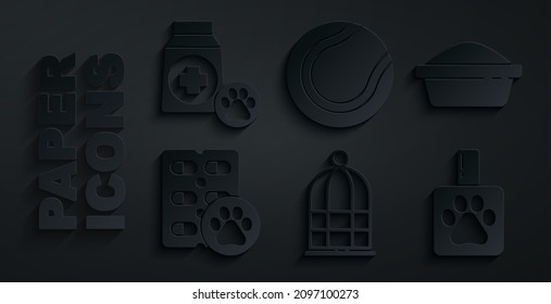 Set Cage for birds, Pet food bowl, Dog pill, shampoo, Tennis ball and Bag of icon. Vector