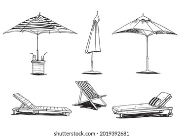 set of caise lognue chairs  and umbrellas, pool and beach  furniture vector line drawing