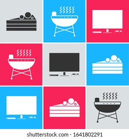 Set Cake , Barbecue grill  and Video game console  icon. Vector