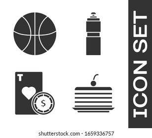 Set Cake, Basketball ball, Casino chip and playing cards and Fitness shaker icon. Vector