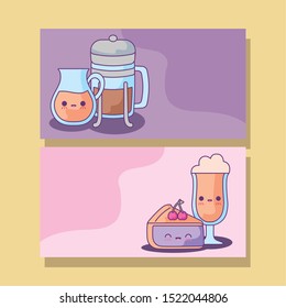 set cake and beverages of coffee kawaii style vector illustration design