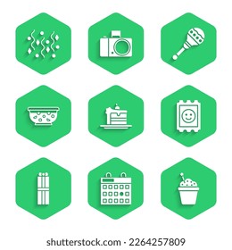 Set Cake, Birthday calendar, LSD acid mark, Gift box, Mixed punch in bowl, Maracas and Festive confetti icon. Vector