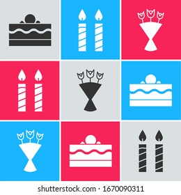 Set Cake , Birthday cake candles  and Bouquet of flowers  icon. Vector