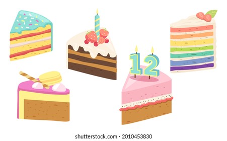 Set of Cake, Birthday Dessert Pieces with Candles, Fruits or Berries. Confectionery Sweet Production Pies, Pastry, Chocolate Bakery or Patisserie. Sweet Cupcake with Cream. Cartoon Vector Illustration