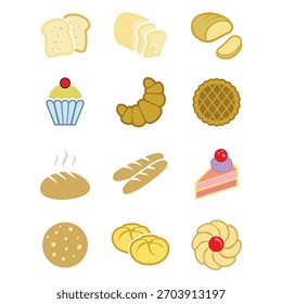 Conjunto de icono de pastel y pan con colores dorados conjunto de panadería Vector. adecuado para el tema de diseño de panadería