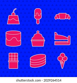 Set Cake, Brownie chocolate cake, Ice cream in waffle cone, Piece of, Chocolate bar, Croissant and Pudding custard icon. Vector