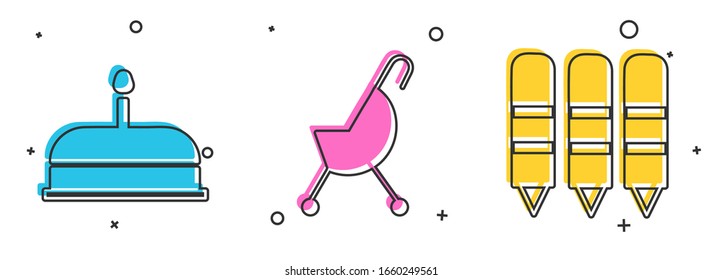 Set Cake with burning candles, Baby stroller and Wax crayons for drawing icon. Vector