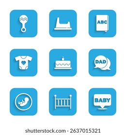 Set Cake with burning candles, Baby crib cradle, Speech bubble dad, clothes, ABC book and Rattle baby toy icon. Vector