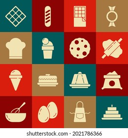 Set Cake with burning candles, Bag of flour, Rolling pin on dough, Chocolate bar, Ice cream, Chef hat, Waffle and Cookie or biscuit icon. Vector