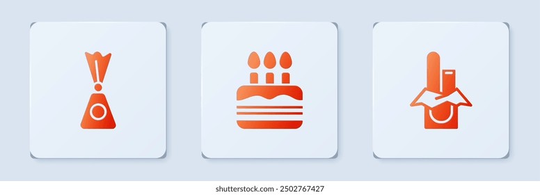 Set Cake with burning candles, Candy and Chocolate bar. White square button. Vector