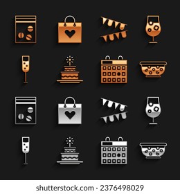 Set Cake with burning candles, Cocktail alcohol drink, Mixed punch bowl, Birthday calendar, Glass of champagne, Carnival garland flags, Plastic bag drug and Shopping heart icon. Vector