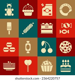 Set Cake with burning candles, Cookie or biscuit, Candy, packaging for sweets, Ice cream, Jelly bear candy and  icon. Vector