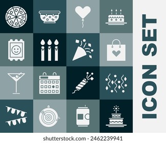 Set Pastel con velas ardientes, confeti festivo, corazón de bolsa de compras, forma de globo, pastel de cumpleaños, marca de ácido LSD, pizza e icono. Vector