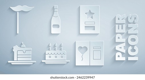 Set Cake with burning candles, Greeting card, Champagne bottle and Paper mustache on stick icon. Vector