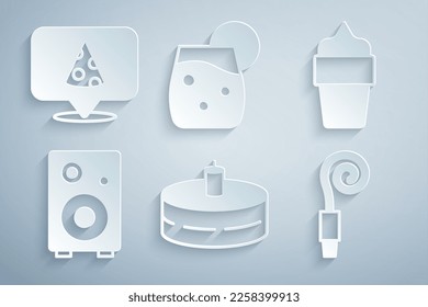 Set Cake with burning candles, Ice cream waffle cone, Stereo speaker, Birthday party horn, Cocktail and Slice of pizza icon. Vector