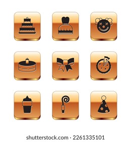 Set Cake with burning candles, Ice cream waffle cone, Birthday party horn, Gift bow, Clown head, Party hat and Woman dress icon. Vector