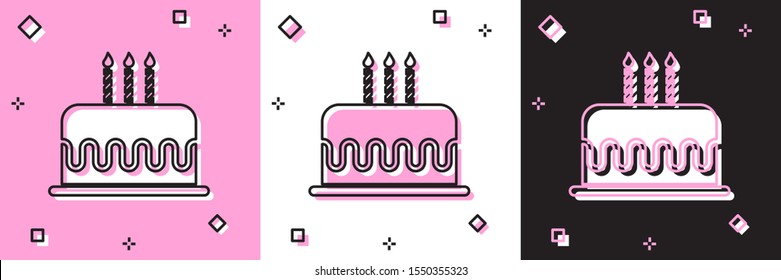 Set Cake with burning candles icon isolated on pink and white, black background. Happy Birthday.  Vector Illustration