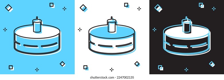 Set Cake with burning candles icon isolated on blue and white, black background. Happy Birthday.  Vector