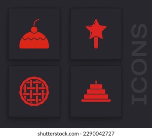 Set Cake with burning candles, , Lollipop and Homemade pie icon. Vector