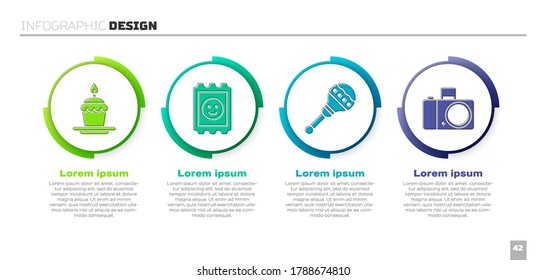 Set Cake with burning candles, LSD acid mark, Maracas and Photo camera. Business infographic template. Vector