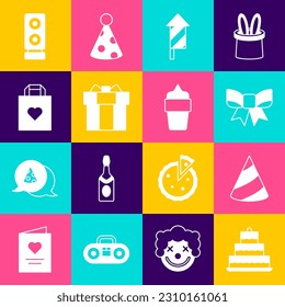 Set Cake with burning candles, Party hat, Gift bow, Firework rocket, box, Shopping bag heart, Stereo speaker and Ice cream waffle cone icon. Vector