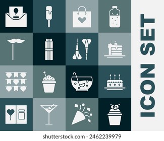 Set Pastel, con velas ardientes, corazón de bolsa de compras, caja de regalo, bigote de papel en palo, invitación e icono de flecha de dardo. Vector
