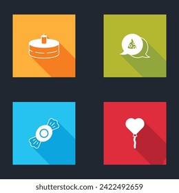 Set Cake with burning candles, Slice of pizza, Candy and Balloons form heart icon. Vector