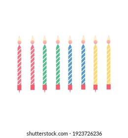 A set of cake candles. Blue, green, yellow and pink candles. Vector illustration.