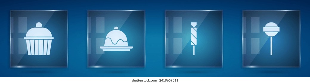 Set Cake, , Candy and Lollipop. Square glass panels. Vector