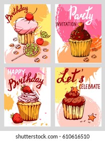 Set of cake cards template. Set of different flyers or cards decorated with cupcakes. Congratulations on your birthday, invitation to the party.