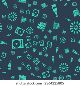 Set Cake, Champagne bottle, Vinyl player with a vinyl disk and Firework on seamless pattern. Vector