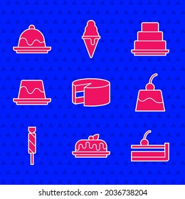 Ponga pasteles, tarta de queso de cereza, crema de crema de pudding, caramelos y un icono. Vector